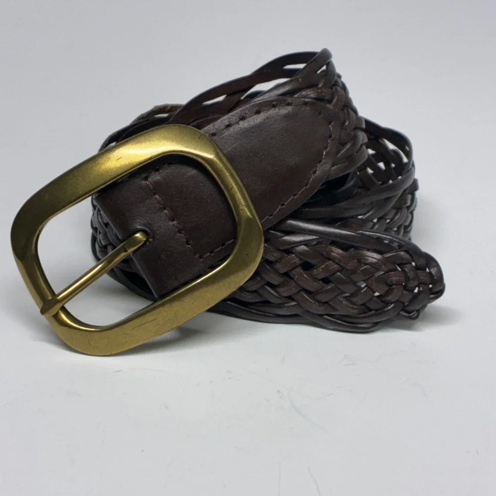 New York & Co. Braided Belt Womens M/L Brown Bonded Leather Woven Gold Buckle